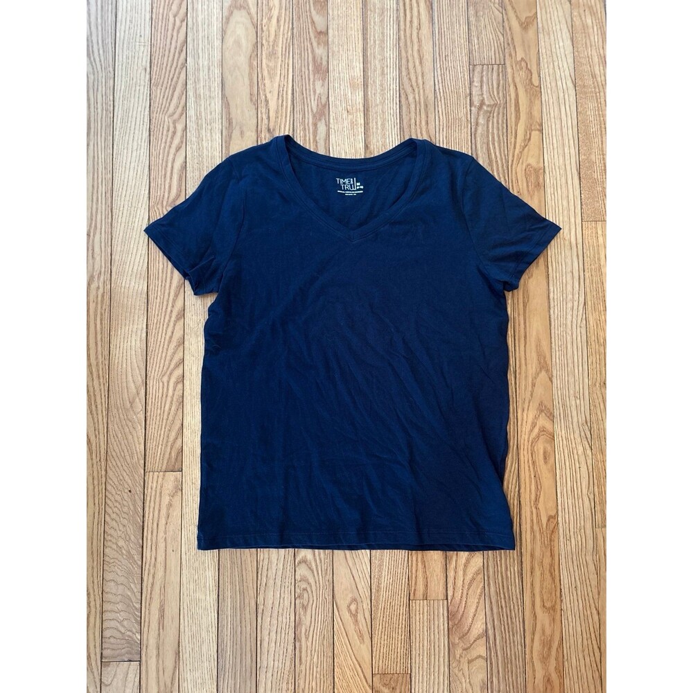 Tee shirt tshirt top Navy blue V-neck 100% cotton sustainable basic layering